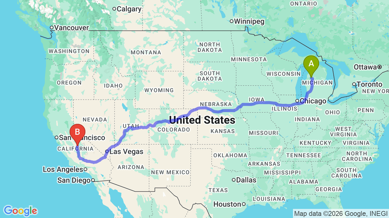 Route map: Michigan to California Car Shipping: The Complete Guide for Relocators