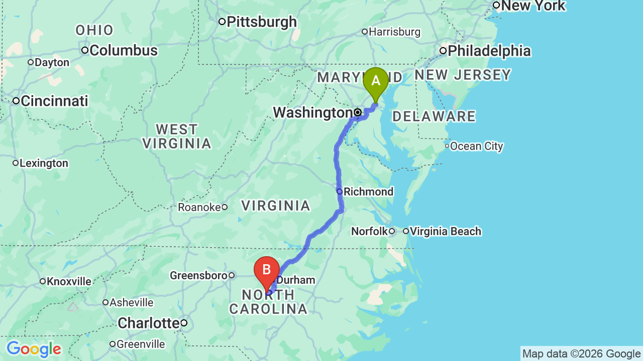 Route map: Maryland to North Carolina Car Shipping | Professional Relocation Guide