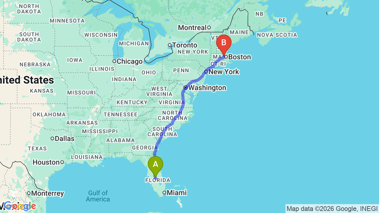 Route map: Miami to Massachusetts Car Shipping: Seasonal and Snowbird Transport