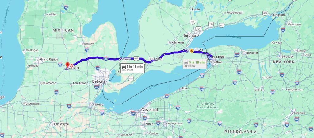 Amherst, NY, 14228 to Lansing, MI, 48910