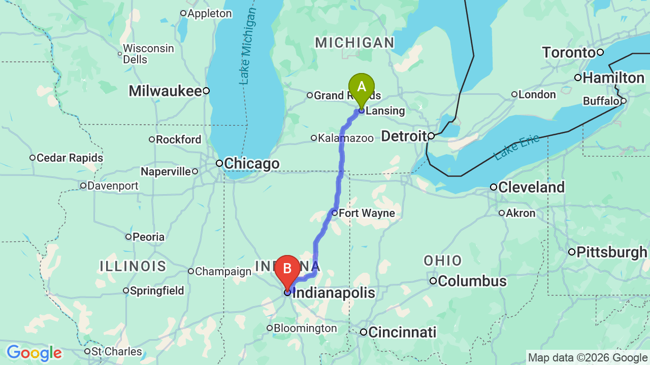 Route map: Michigan to Indiana Car Shipping: Professional Relocation Services