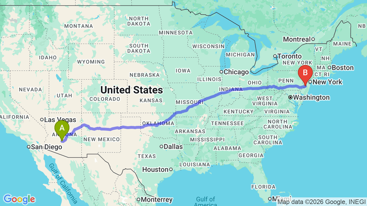 Route map: Arizona to New Jersey Car Shipping: The Complete Relocation Guide