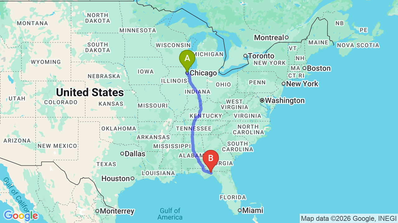 Route map: Illinois to Florida Car Shipping | Reliable Snowbird Transport