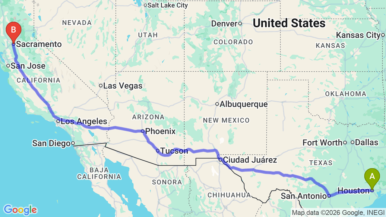 Route map: Houston to California Car Shipping: Complete Guide for Relocators