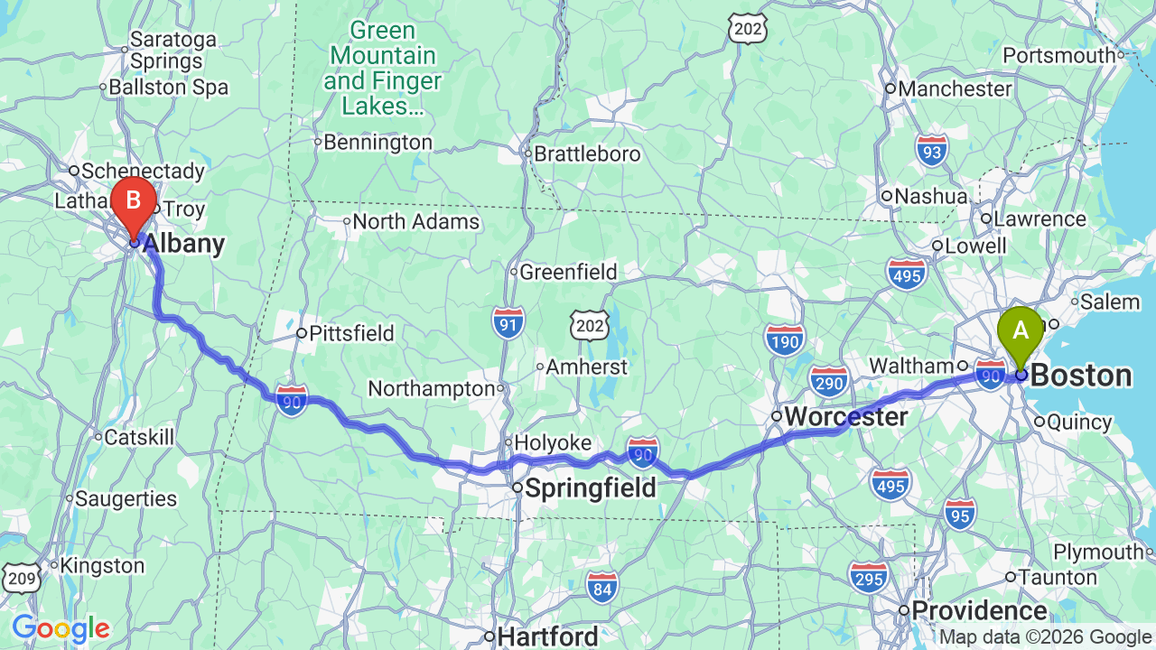 Route map: Massachusetts to New York Car Shipping | Boston to Albany Auto Transport