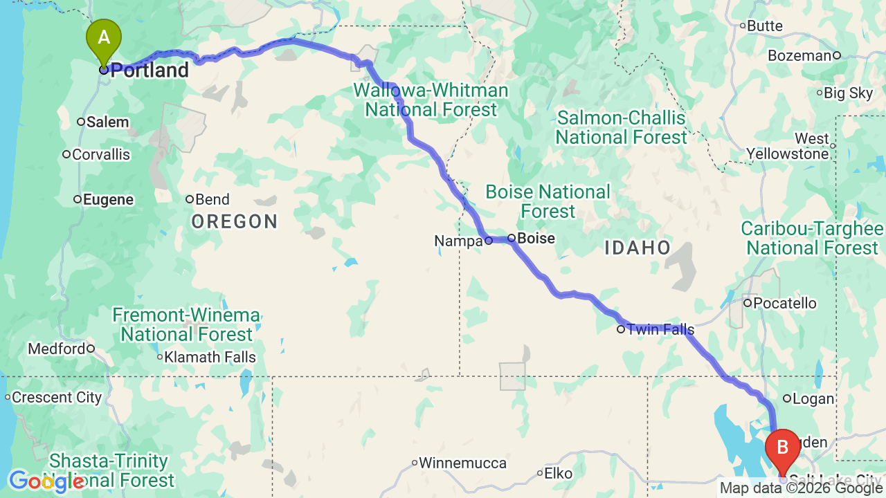 Route map: Portland to Utah Car Shipping: Professional Relocation Guide