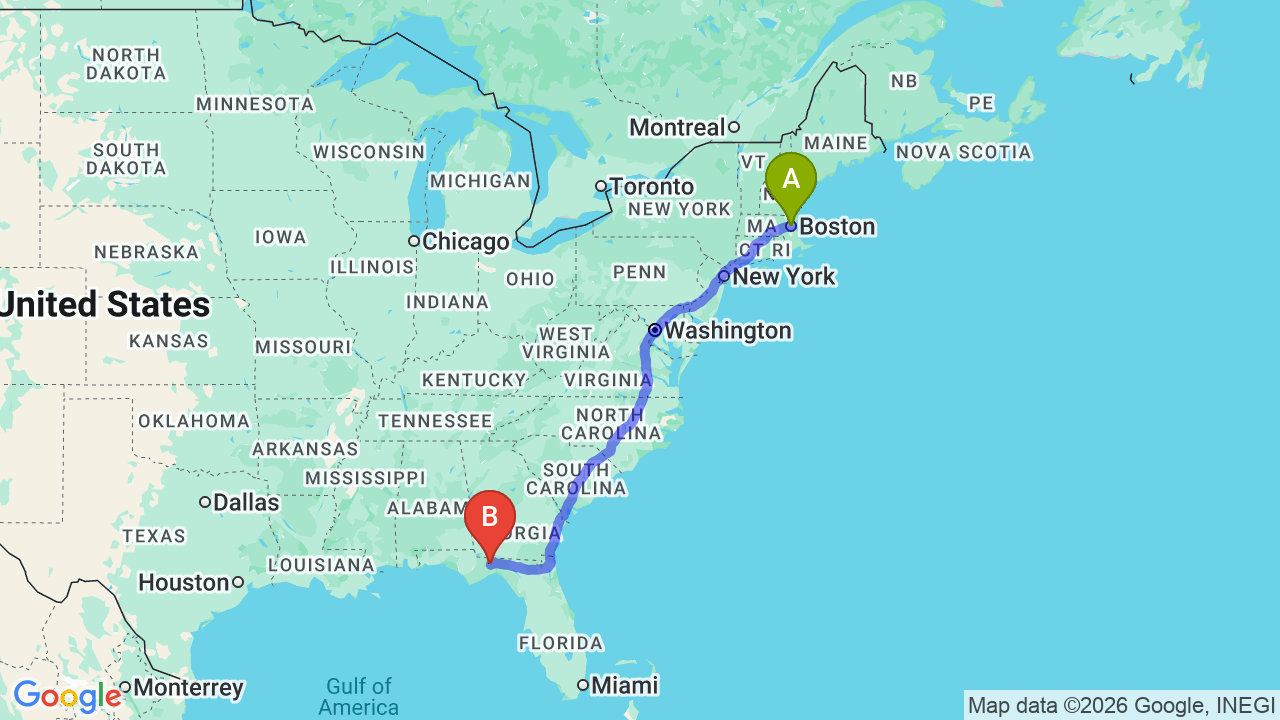 Route map: Boston to Florida Car Shipping: Reliable Transport for Your Seasonal Move