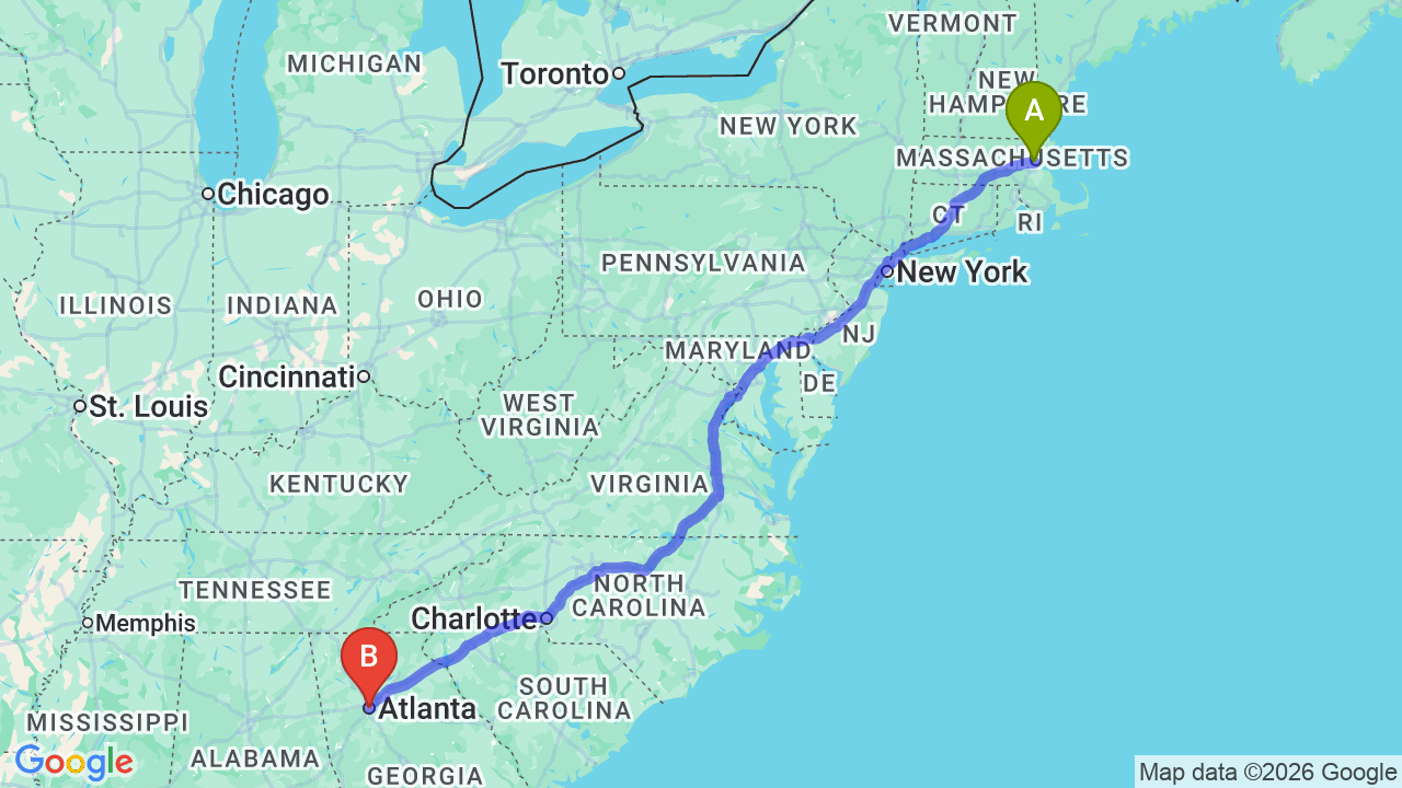 Route map: Boston to Georgia Car Shipping: Reliable Auto Transport for Your Relocation