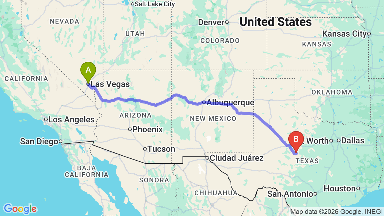 Route map: Navigating Your Relocation: Las Vegas to Texas Car Shipping Guide