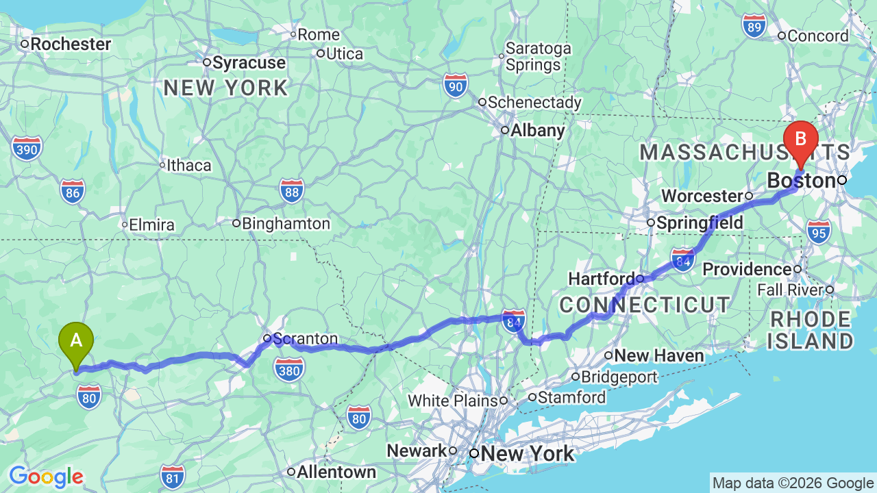 Route map: Philadelphia to Massachusetts Car Shipping | Fast Relocator Auto Transport
