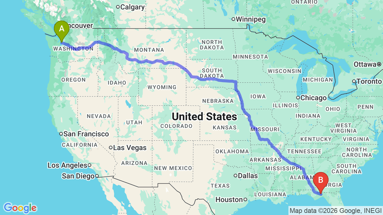 Route map: Seattle to Florida Car Shipping: Your Seasonal Migration Guide