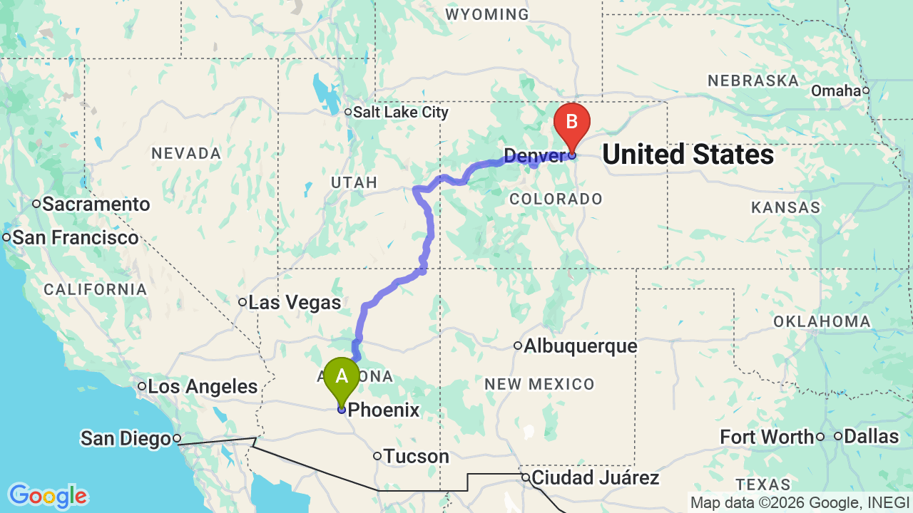 Route map: Phoenix to Colorado Car Shipping: Complete Relocation Guide
