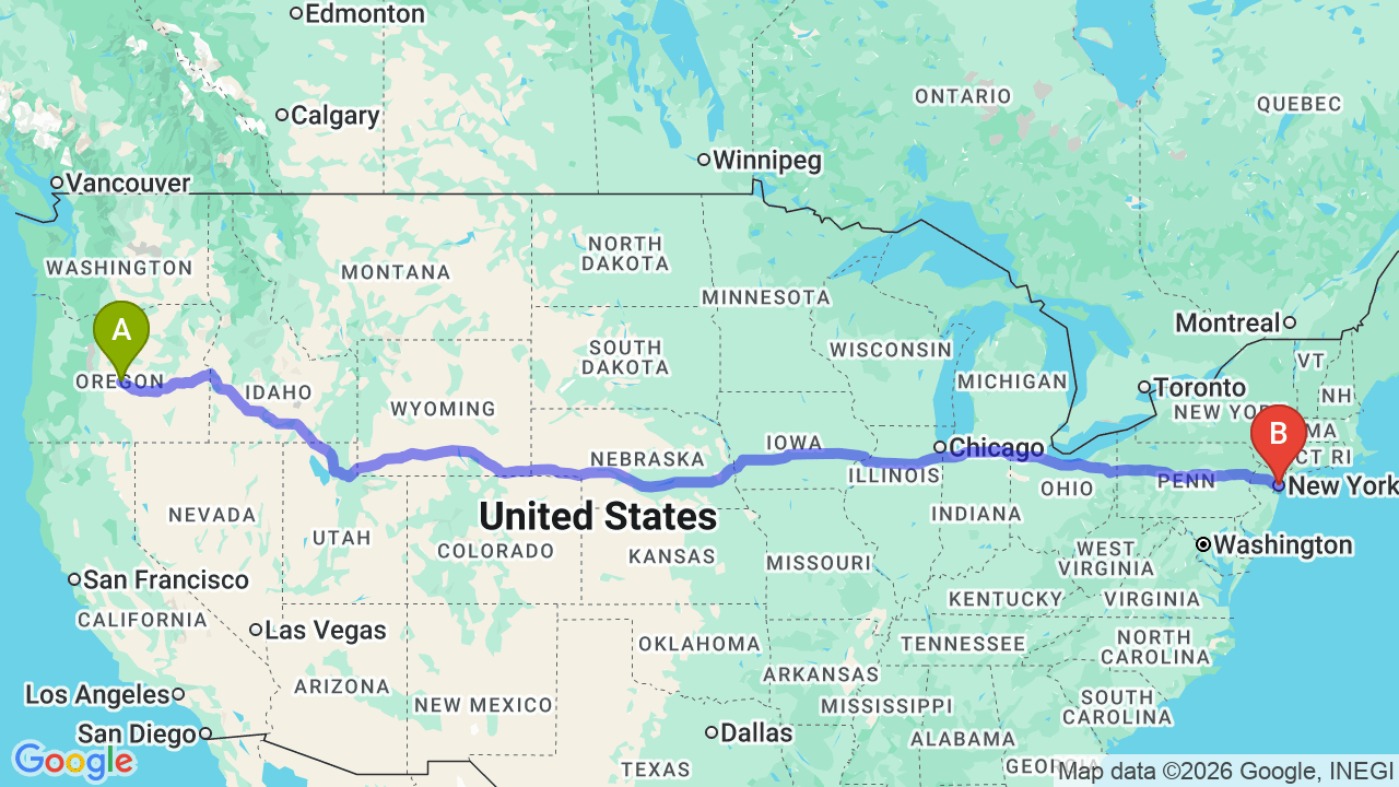 Route map: Oregon to New York Car Shipping: Complete Relocator Guide