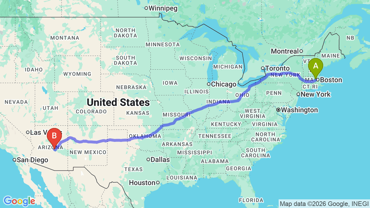 Route map: Boston to Arizona Car Shipping: The Complete Relocation Guide