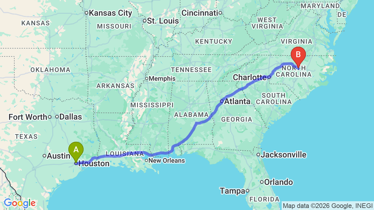 Route map: Texas to North Carolina Car Shipping | Professional Relocation Guide