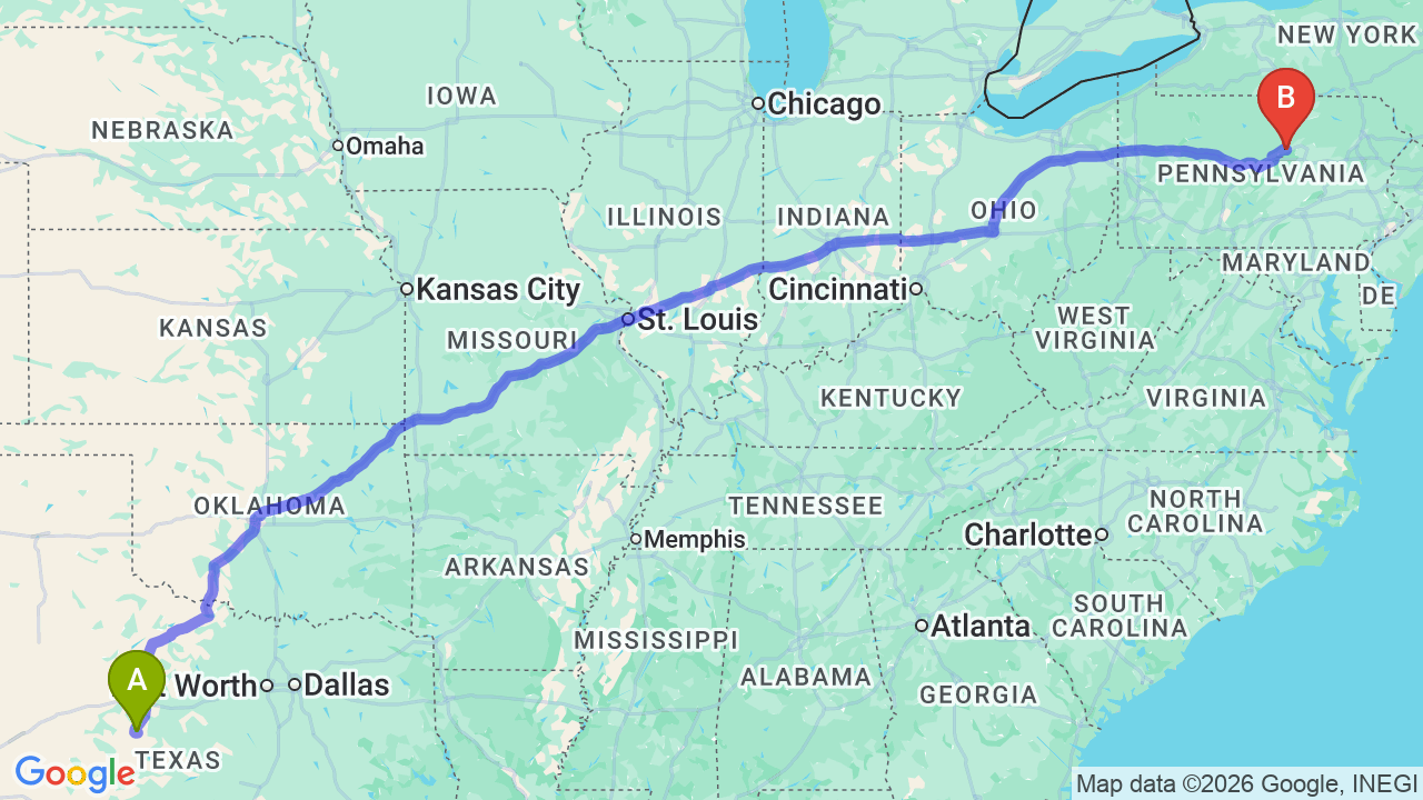 Route map: Dallas to Pennsylvania Car Shipping: Relocation Guide & Costs
