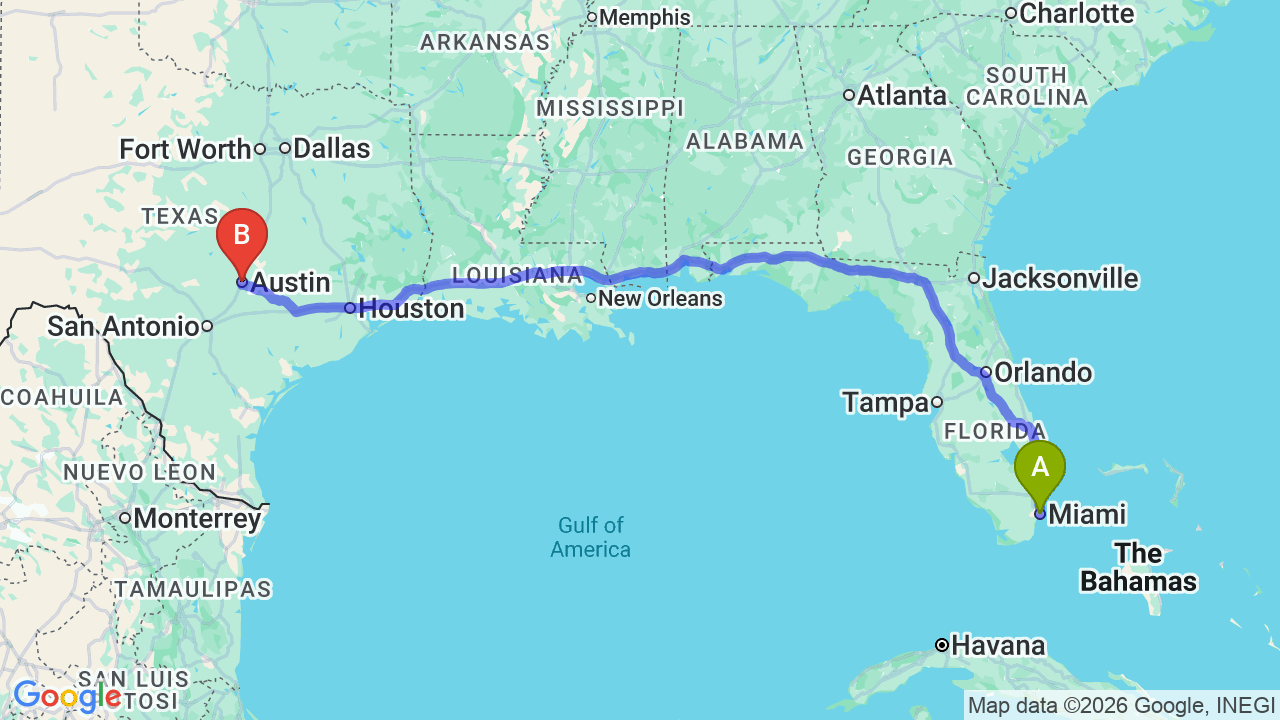 Route map: Florida to Texas Car Shipping: Your Stress-Free Relocation Partner