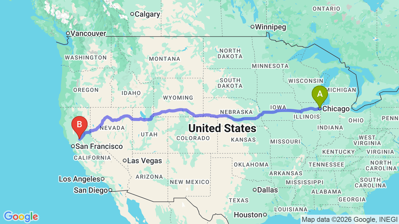 Route map: Chicago to California Car Shipping: Expert Relocation for Your New Chapter