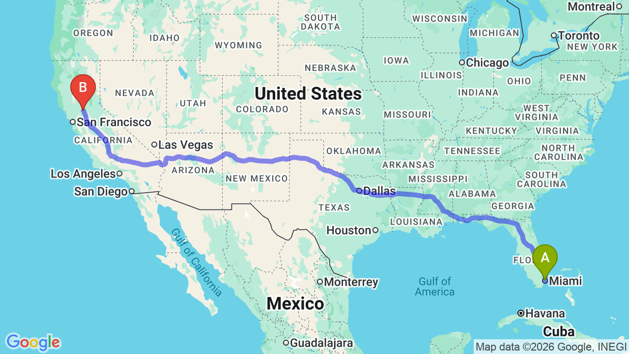 Route map: Miami to California Car Shipping: Cross-Country Relocation Made Simple