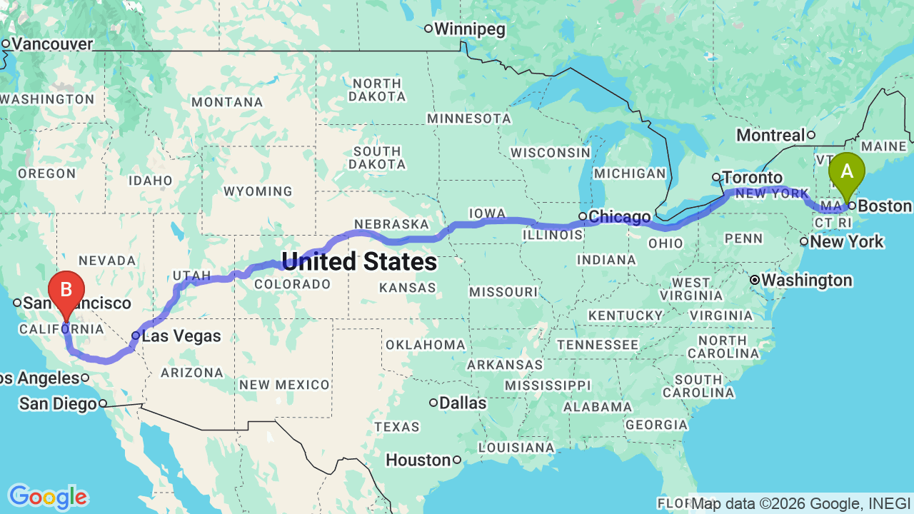 Route map: Massachusetts to California Car Shipping: Reliable Student Transport