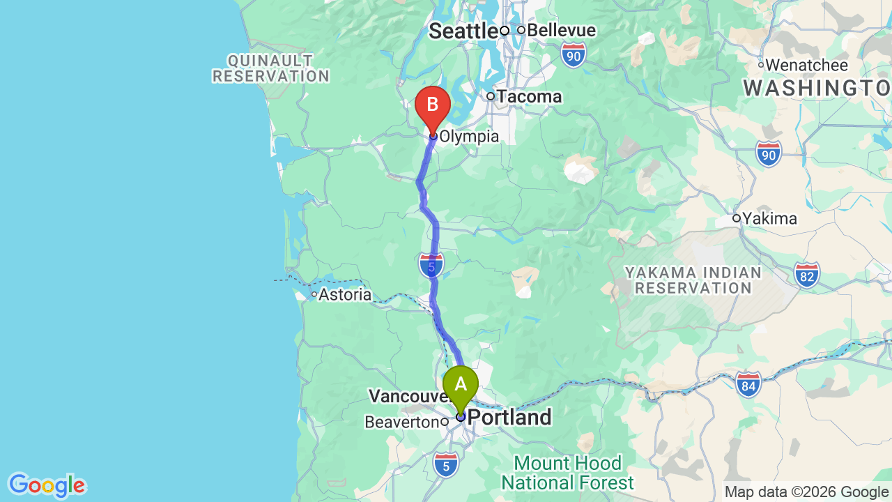 Route map: Oregon to Washington Car Shipping: Fast I-5 Professional Transport