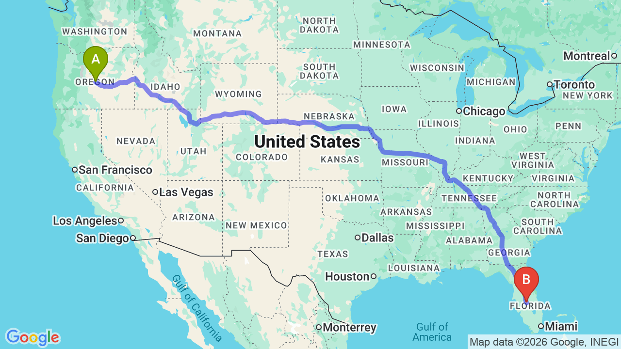 Route map: Portland to Florida Car Shipping: The Complete Relocator’s Guide