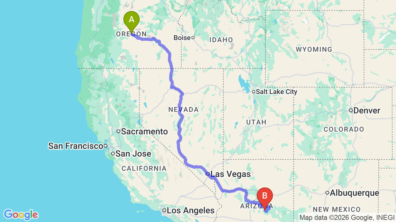 Route map: Professional Portland to Arizona Car Shipping for Your Career Relocation