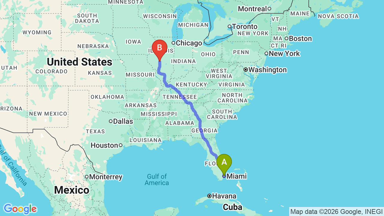 Route map: Miami to Illinois Car Shipping: The Trusted Snowbird Migration Guide