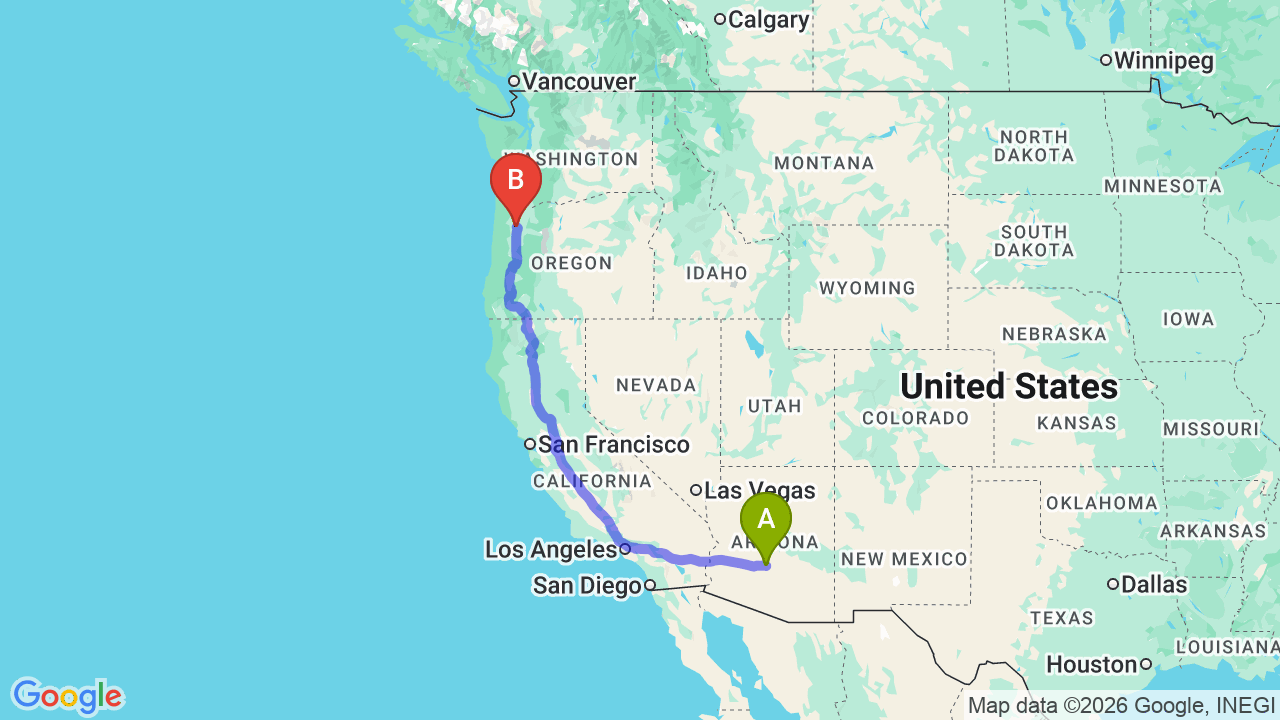 Route map: Phoenix to Oregon Car Shipping: Complete Relocation Guide