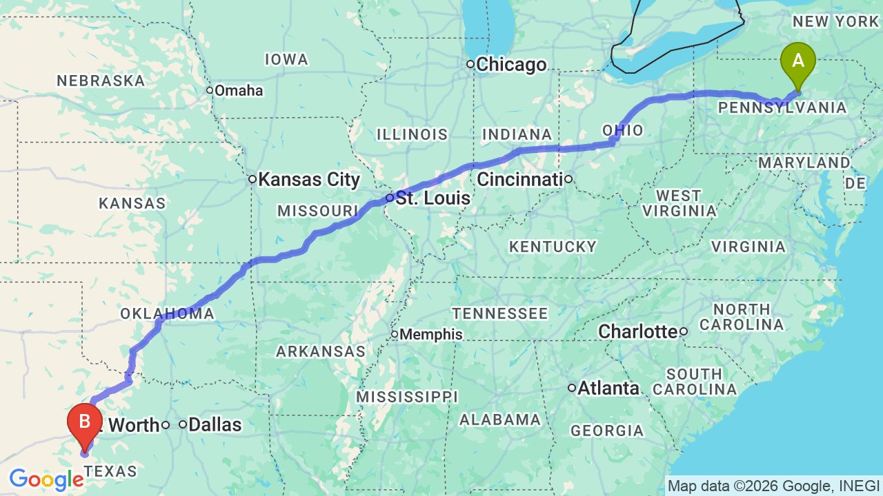 Route map: Philadelphia to Texas Car Shipping