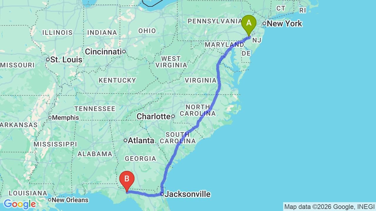 Route map: Pennsylvania to Florida Car Shipping: The Complete Snowbird Guide
