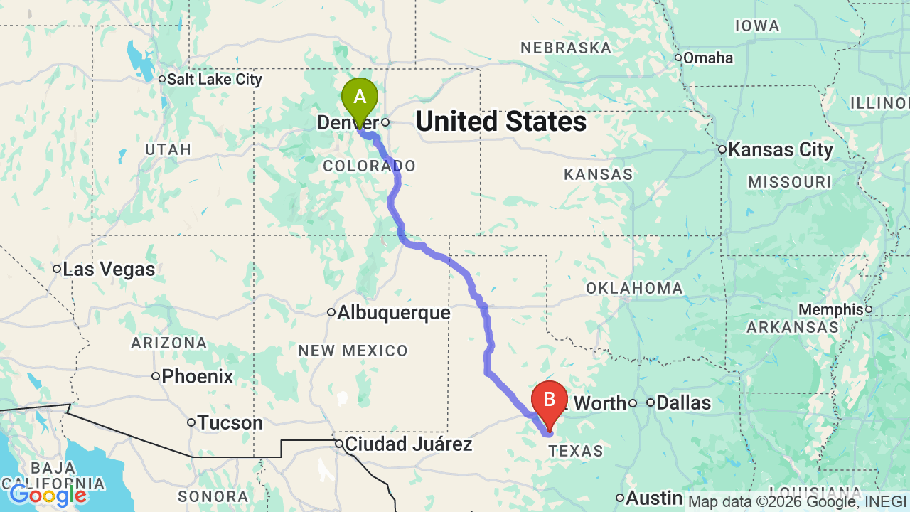 Route map: Denver to Texas Car Shipping | Expert Auto Transport for Relocators