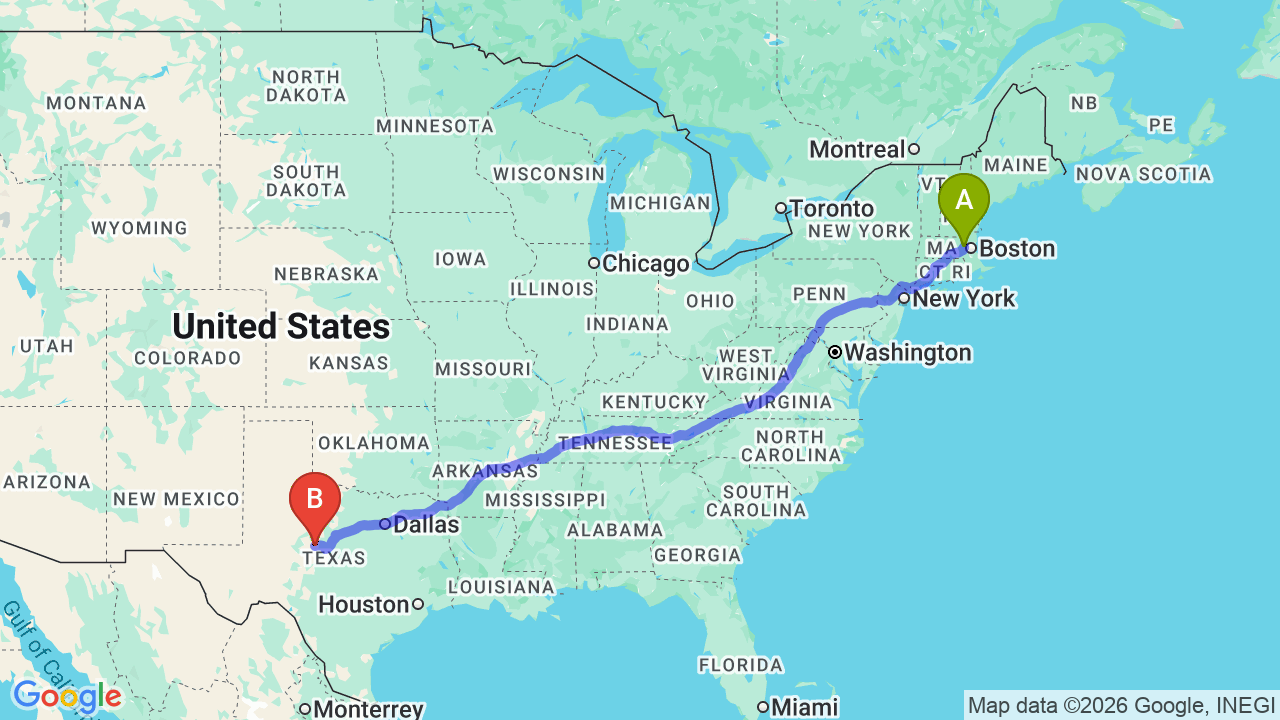 Route map: Boston to Texas Car Shipping: Stress-Free Relocation for Your Vehicle