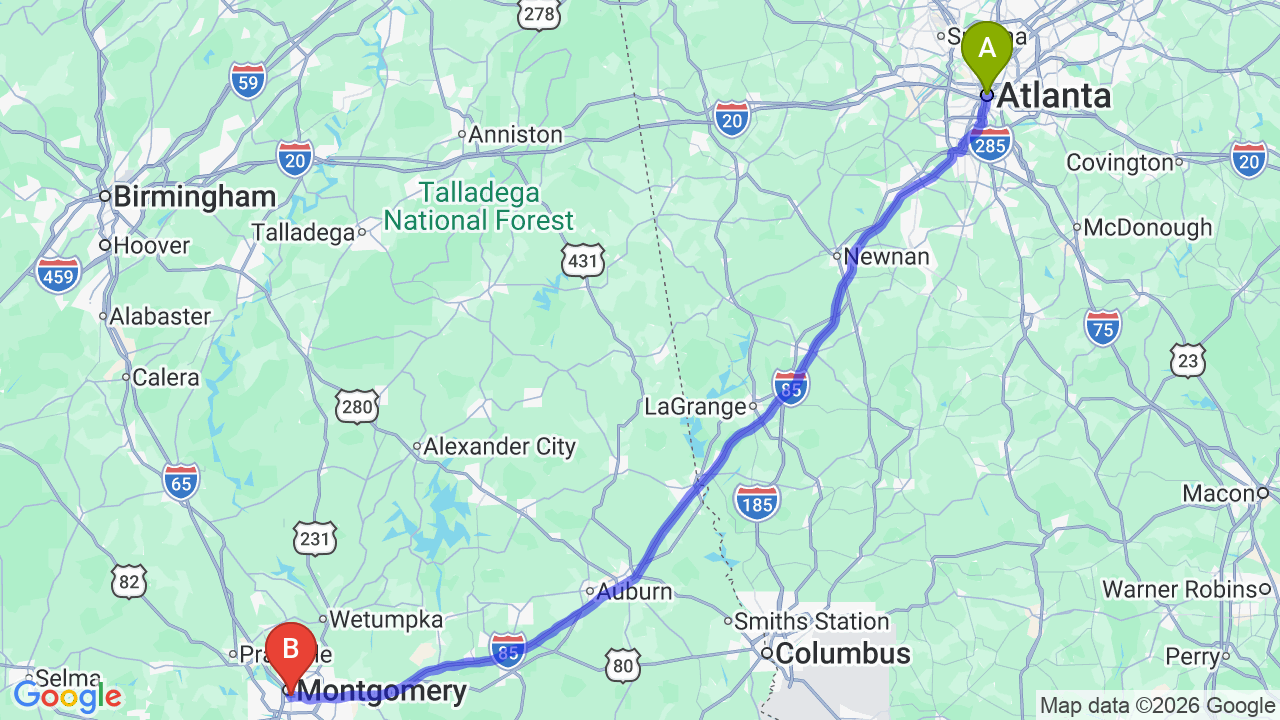 Route map: Atlanta to Alabama Car Shipping: Complete Relocator’s Guide