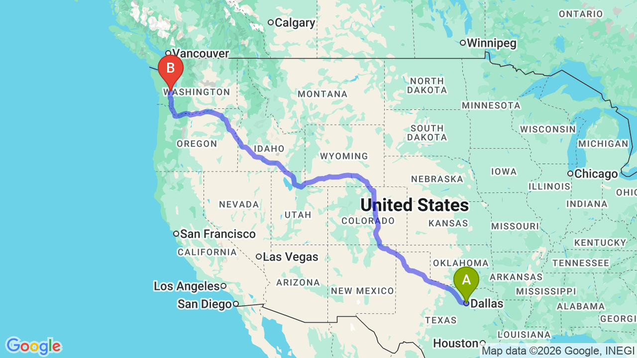 Route map: Starting Your New Chapter: Car Shipping Dallas to Washington for Your Professional Relocation