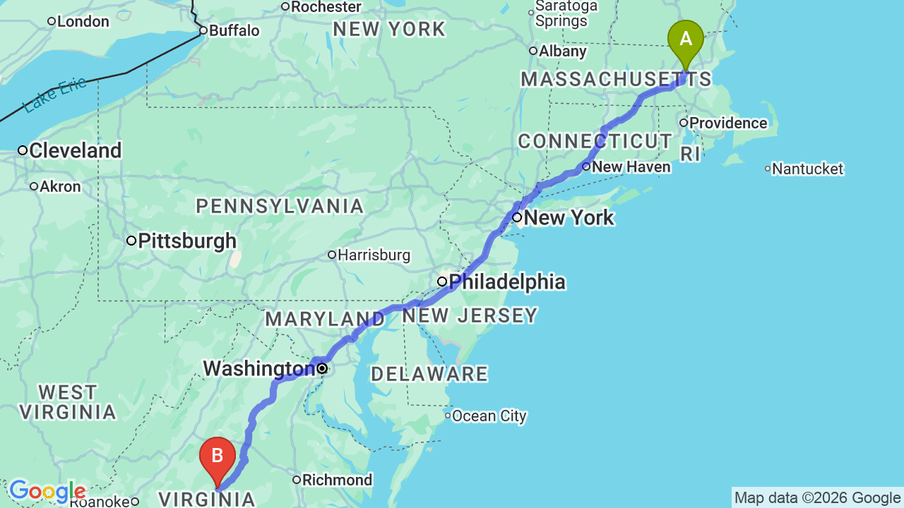 Route map: Boston to Virginia Car Shipping: The Complete Relocation Guide