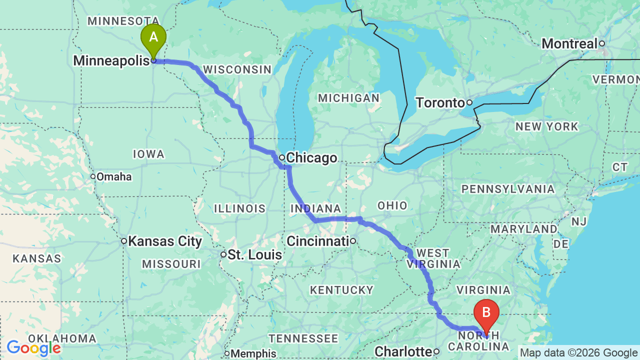 Route map: Minneapolis to North Carolina Car Shipping: Relocating with Ease