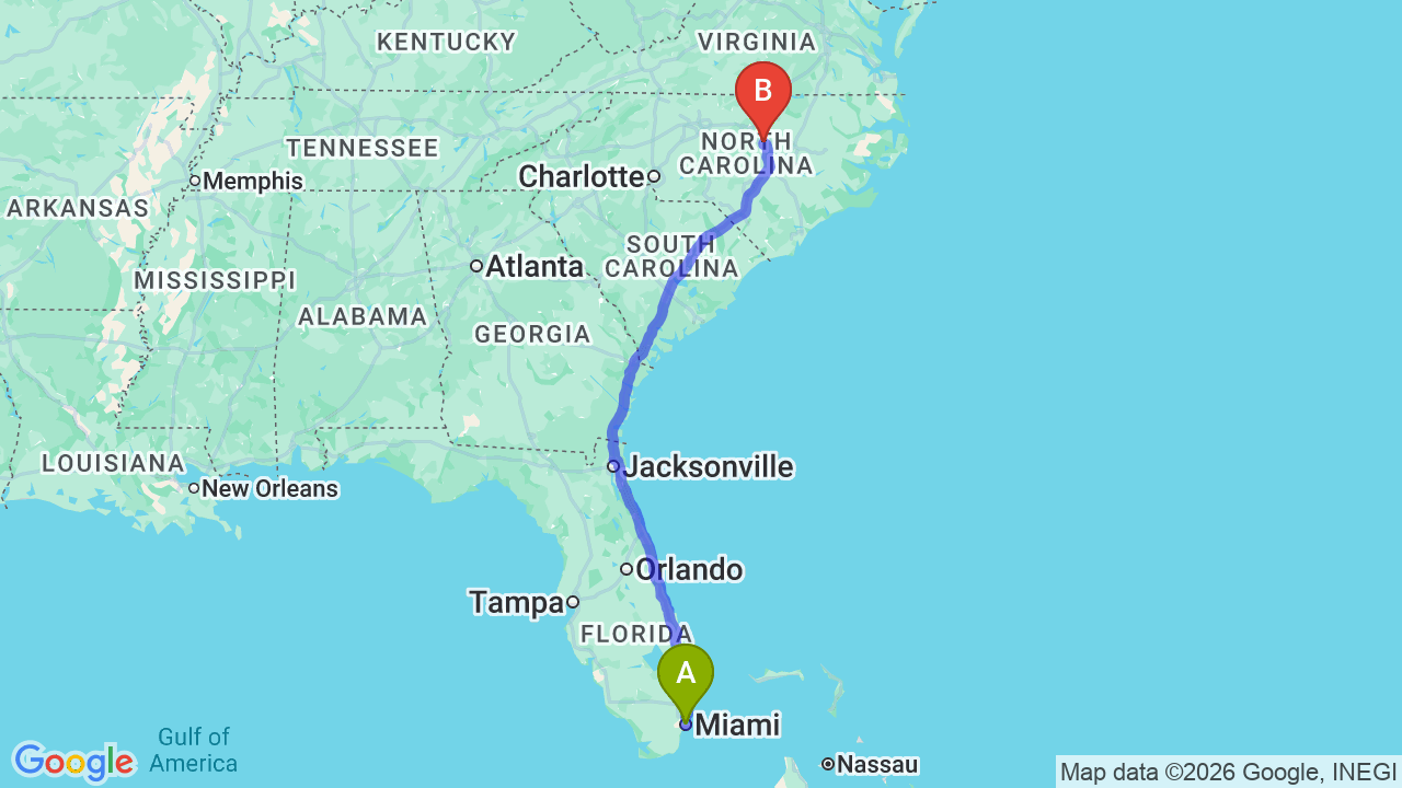 Route map: Miami to North Carolina Car Shipping: Your Professional Relocation Guide