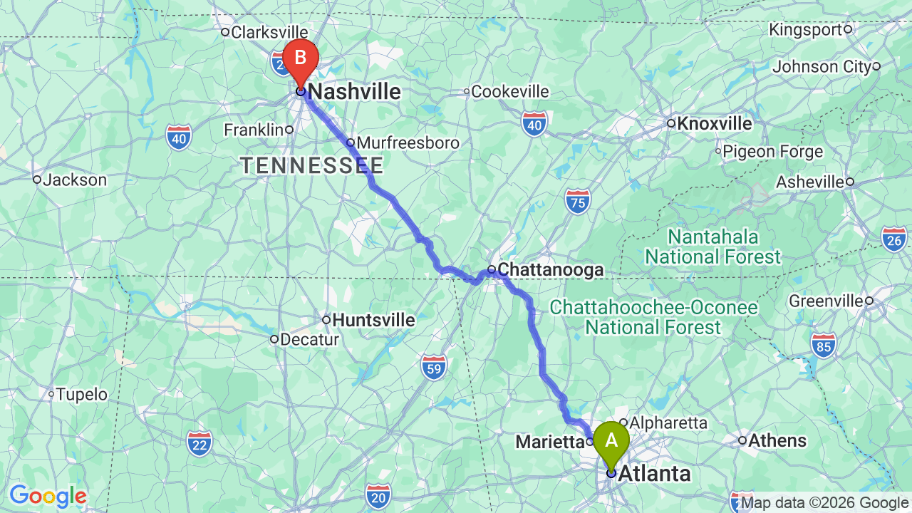 Route map: Georgia to Tennessee Car Shipping: The Ultimate Relocation Guide