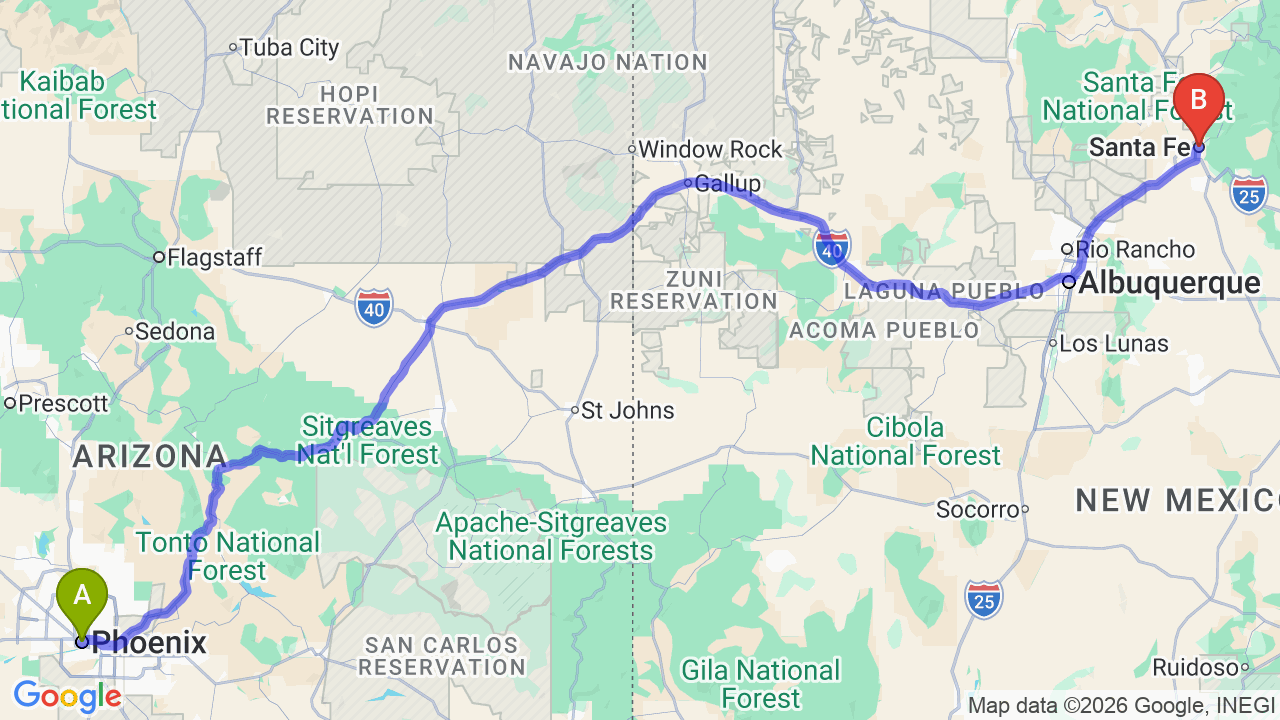 Route map: Phoenix to New Mexico Car Shipping: Quick Southwest Corridor Transport