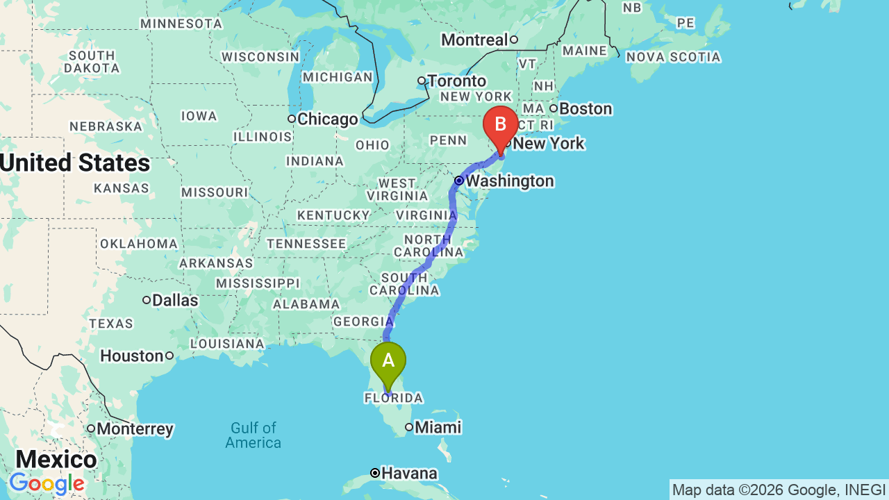 Route map: Miami to New Jersey Car Shipping: Snowbird and Northeast Transport