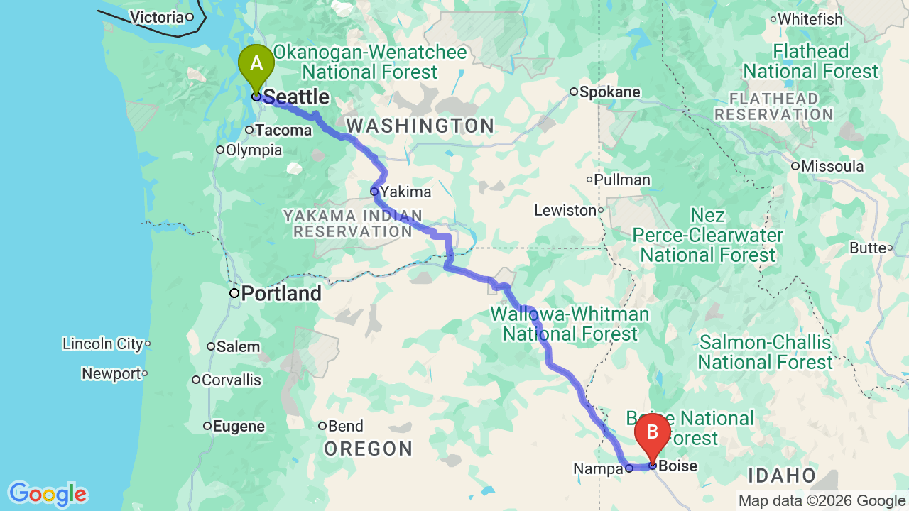Route map: Seattle to Idaho Car Shipping: Complete Relocation Guide