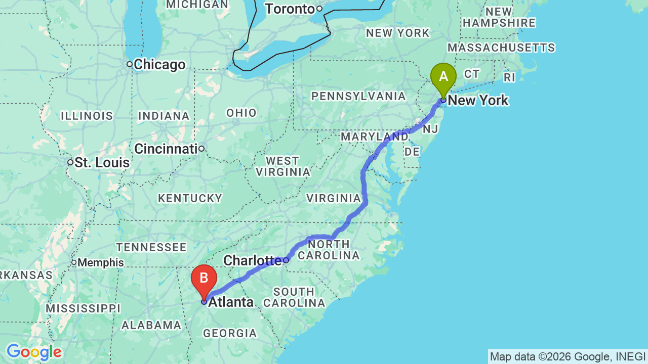 Route map: New York City to Georgia Car Shipping: Complete Relocation Guide