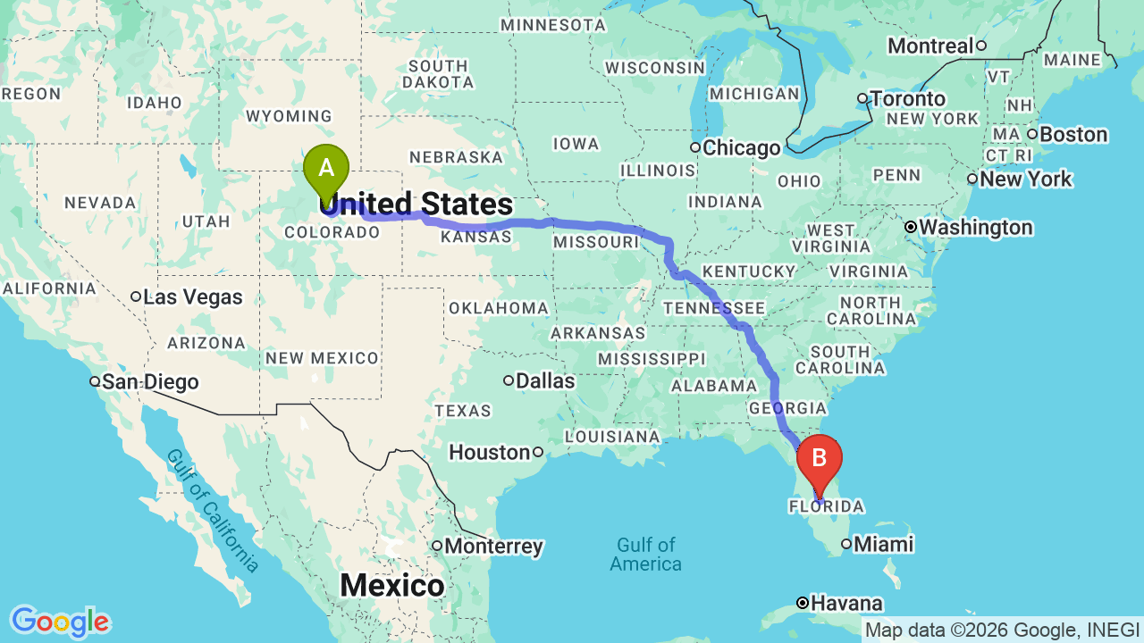 Route map: Denver to Florida Car Shipping: The Complete Relocator’s Guide