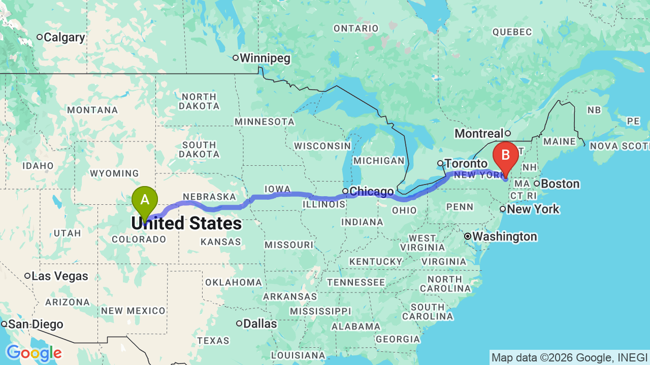 Route map: Colorado to New York Car Shipping: The Complete Relocation Guide