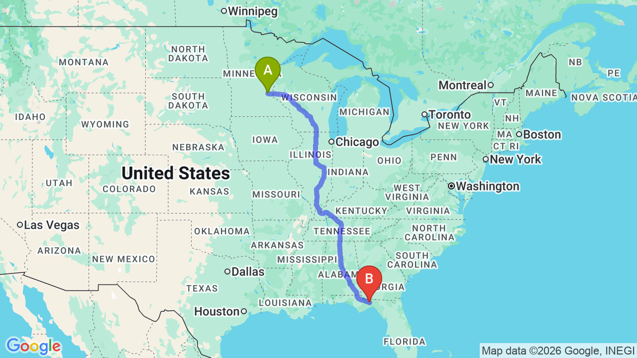 Route map: Minneapolis to Florida Car Shipping: The Complete 2026 Snowbird Guide