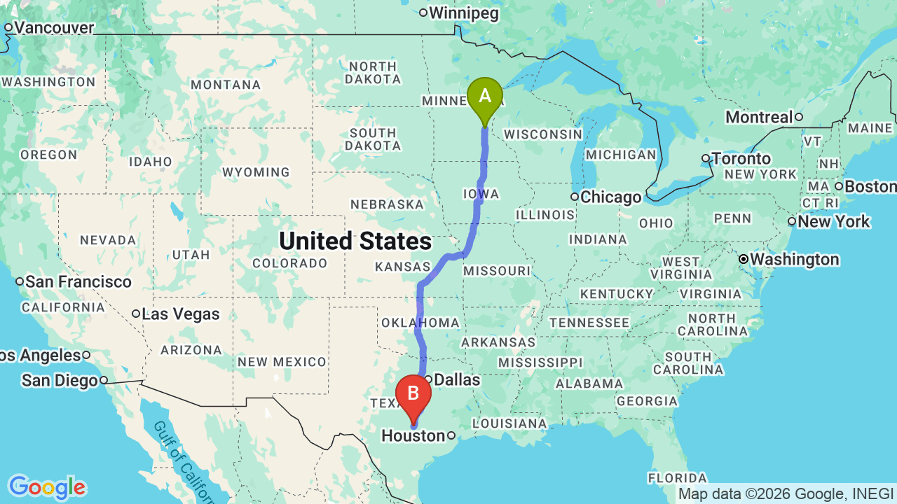 Route map: Minneapolis to Texas Car Shipping for Your Career Relocation