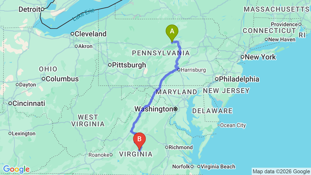 Route map: Pennsylvania to Virginia Car Shipping: The Relocator’s Guide