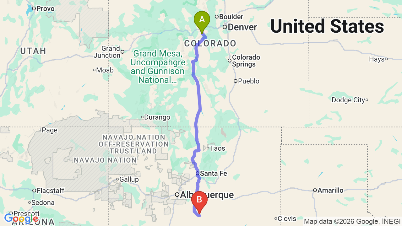 Route map: Reliable Denver to New Mexico Car Shipping for Your Relocation