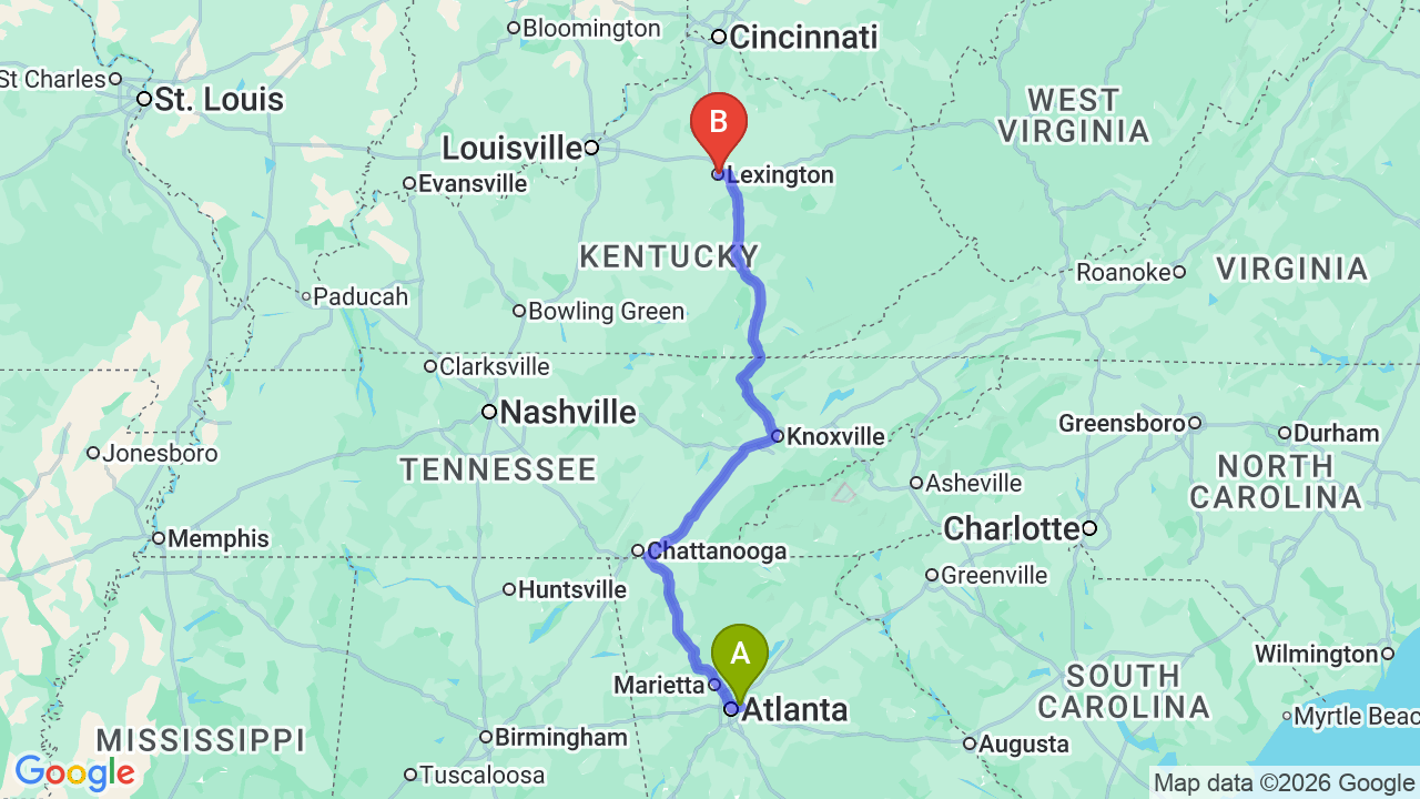 Route map: Mid-Size SUV from Decatur GA to Lexington KY in One Day